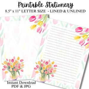 Papelería imprimible con tulipanes de Pascua, papel digital para diarios, papel para escribir, cartas y notas, bloc de notas imprimible, juego de escritura para oficina