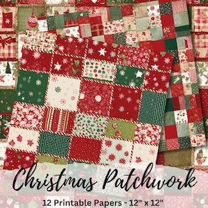 Pode incluir: Doze papéis imprimíveis com um design de patchwork de Natal em quadrados vermelhos, verdes e brancos. Cada papel mede 30,5 cm por 30,5 cm.