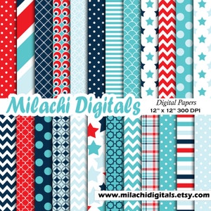 Baby Boy digital paper, it's a boy scrapbook papers, baby shower wallpaper, polka dots background, stars and stripes - M473