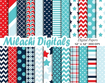 Baby Boy digital paper, it's a boy scrapbook papers, baby shower wallpaper, polka dots background, stars and stripes - M473