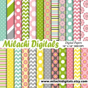 Digitalt vårpapper, scrapbookingpapper, tapeter, vårbakgrund, prickar, chevron, ränder - M629