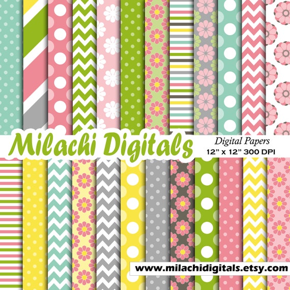 Spring digital paper, scrapbook papers, wallpaper, spring background, polka dots, chevron, stripes - M629