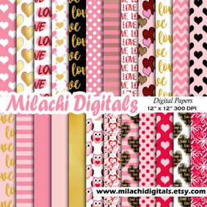 Valentinstag digitales Papier, Valentinstag Scrapbook Papiere, Herzen Tapete, Herz Hintergrund, Liebe, Eule, Glitzer Gold - M910