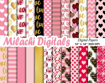 Valentinstag digitales Papier, Valentinstag Scrapbook Papiere, Herzen Tapete, Herz Hintergrund, Liebe, Eule, Glitzer Gold - M910