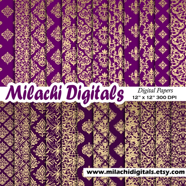 Purple and Gold Damask digital paper, seamless gold patterns, purple, baby shower scrapbook papers, princess papers, luxury patterns M899