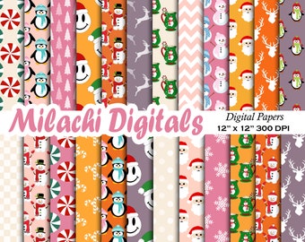 Christmas Digital Paper Pack Holiday Scrapbook Papers Seamless Backgrounds Penguin Snowflake Santa Claus Candy Cane Snowman - M1017