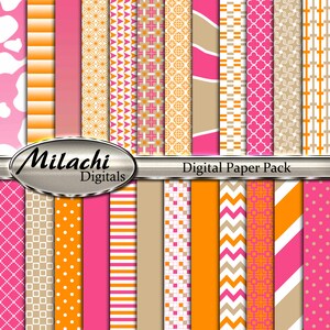 Puede incluir: Paquete de papel digital con 18 patrones diferentes en rosa, naranja y beige. Los patrones incluyen rayas, lunares, formas geométricas y diseños florales. El texto "Milachi Digitals" y "Digital Paper Pack" está incluido en la imagen.