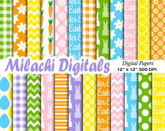 Easter Digital Paper, Easter Bunny Scrapbook Papers, Seamless Backgrounds, Gingham, Polka Dots, Commercial use - M932