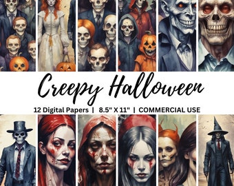 Paquete de papel digital de Halloween espeluznante de 8,5 x 11 pulgadas, páginas imprimibles de diario basura espeluznante, fondos de Halloween, papel de álbum de recortes imprimible