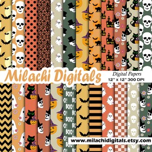 Könnte beinhalten: Ein Set mit 12 digitalen Papieren mit Halloween-Motiven. Die Papiere enthalten Muster von Schädeln, Geistern, Kürbissen, Fledermäusen, Katzen und Häusern. Die Papiere sind 30,5 cm x 30,5 cm groß und haben eine Auflösung von 300 DPI.
