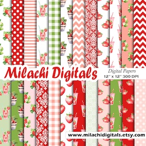 May include: A set of 12 digital papers featuring various patterns and designs, including polka dots, stripes, gingham, chevron, and damask. The papers are decorated with red strawberries, green leaves, and red and white glasses with straws. The papers are 12 inches by 12 inches and 300 DPI. The text "Milachi Digitals" and "Digital Papers 12" x 12" 300 DPI" is included in the image. The website address "www.milachidigitals.etsy.com" is also included in the image.