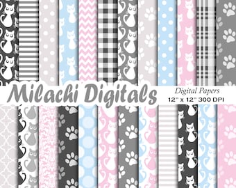 Cat Digital Paper Pack, Birthday Scrapbook Papers, Seamless Backgrounds, Cat Paw Print, Gingham, Polka Dots - M979