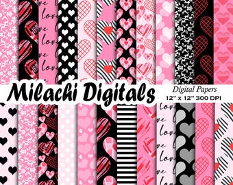 Valentine's Day Digital Paper Seamless 12"x12" Scrapbook Paper, Junk Journal Pages, Hearts Backgrounds, Damask Patterns, Commercial Use