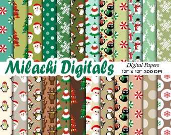 May include: A set of 12 digital papers featuring various Christmas themes, including Santa Claus, penguins, reindeer, Christmas trees, and candy canes. The papers are 12 inches by 12 inches and 300 DPI.