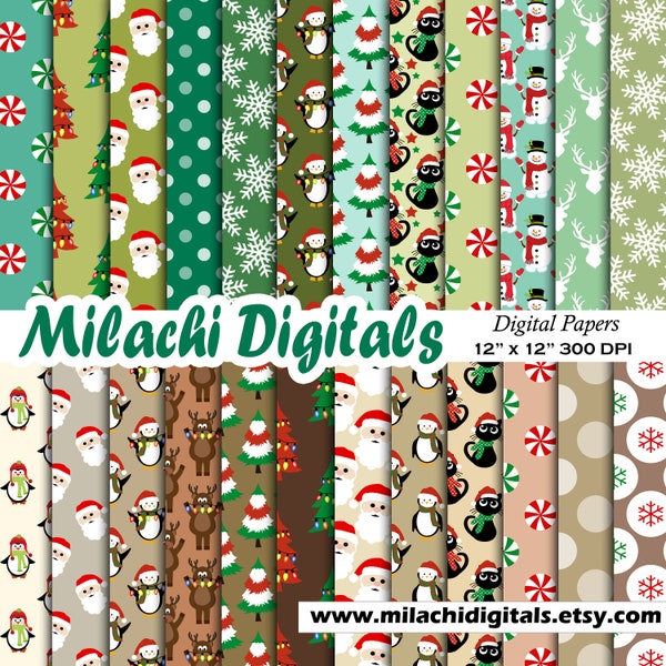 Christmas digital paper seamless holiday scrapbook papers junk journal pages snowflake wallpaper santa backgrounds cats penguin - M1066