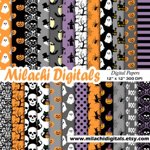 Halloween Digital Paper Seamless Patterns, Spooky Wallpaper, Trick or Treat, Ghosts, Bats, Cats, Skull, Pumpkin, Commercial Use - M1028