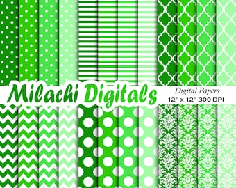 grönt digitalt papper, scrapbookingpapper, bakgrund, prickar, ränder, marockanskt mönster, chevron, damast -M530