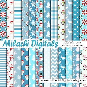 Christmas Digital Paper Pack, Holiday Scrapbook Papers, Seamless Backgrounds, Penguin, Snowflake, Santa Claus, Candy Cane, Snowman - M975
