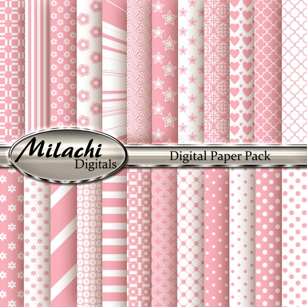 Light Pink and White Digital Paper Pack - Commercial Use - Instant Download - M162