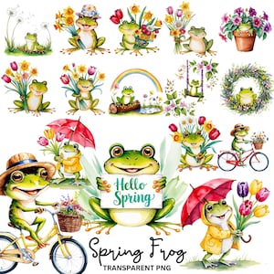 May include: A collection of 12 digital illustrations featuring green frogs in various spring-themed scenes. The frogs are depicted holding flowers, riding bicycles, holding umbrellas, and holding signs that say "Hello Spring".