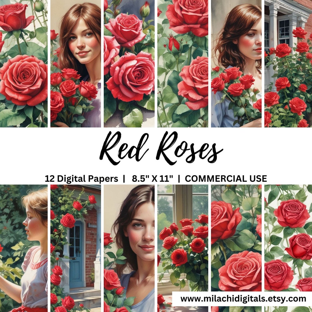100 Red Roses Paper Red Roses Digital Paper Pack 8.5