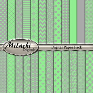 Könnte beinhalten: Ein digitales Papierpaket mit 16 verschiedenen Mustern in Grün- und Grautönen. Die Muster umfassen Punkte, Streifen, geometrische Formen und florale Designs. Der Text "Milachi Digitals" und "Digital Paper Pack" ist auf dem Bild zu sehen.