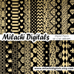 Schwarz und gold digitales Papier royal gold Muster Luxus Polka Dots Herzen Damast Hintergründe Krone Diamant druckbare Papier M877