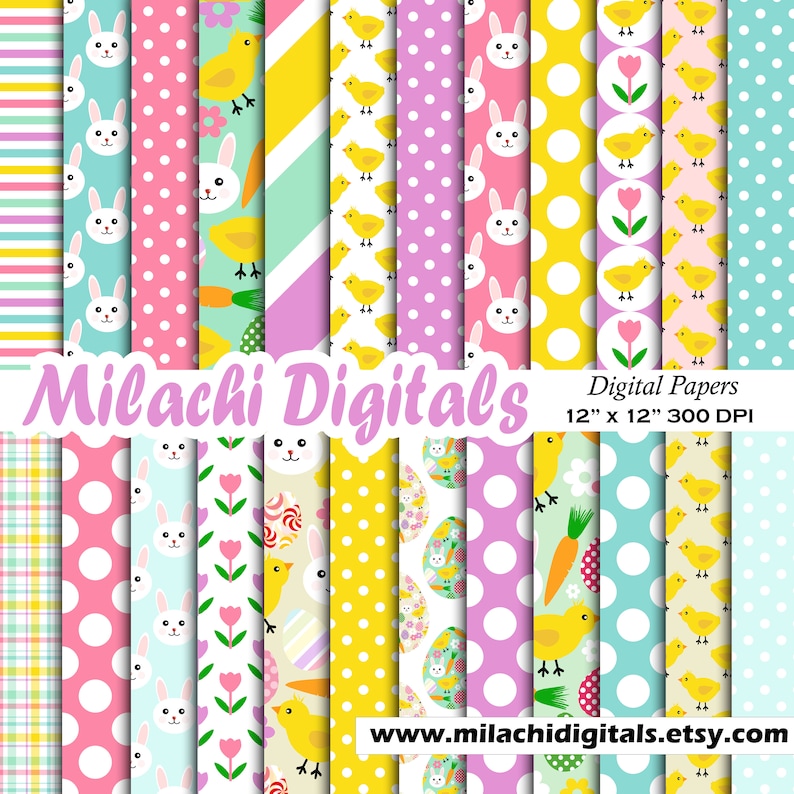 May include: A set of 12 digital papers featuring Easter-themed patterns. The patterns include bunnies, chicks, eggs, flowers, polka dots, stripes, and plaid. The papers are 12 inches by 12 inches and 300 DPI.