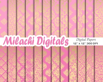 May include: A set of 12 digital papers featuring pink and gold damask patterns. The papers are 12 inches by 12 inches and 300 DPI. The text "Milachi Digitals" and "www.milachidigitals.etsy.com" are visible in the image.