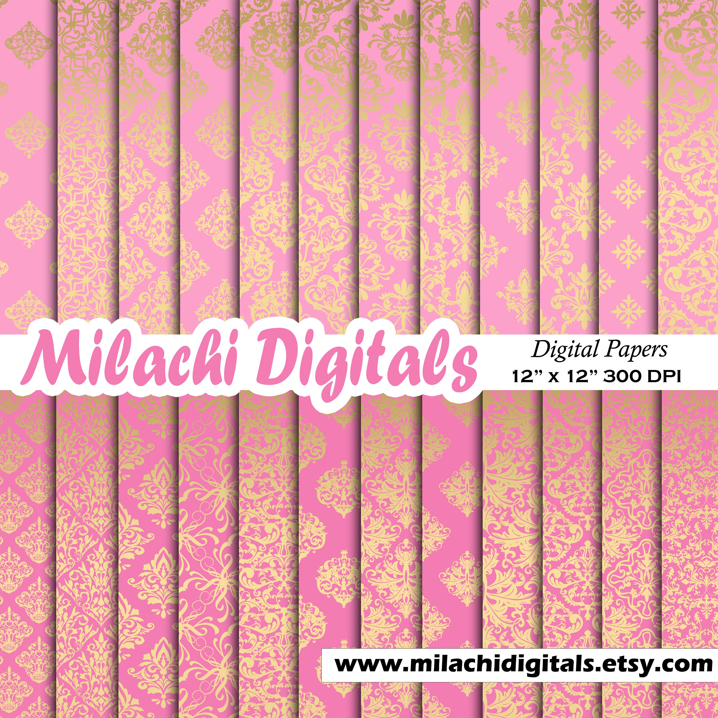 Pink and Gold Damask digital paper seamless gold patterns | Etsy