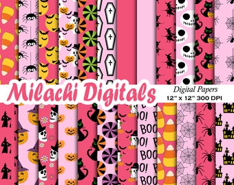 Carta digitale di Halloween, carta per scrapbooking natalizia, carta da parati spettrale, sfondo con gatti, ragni, caramelle di Halloween M1073