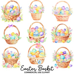 May include: Nine watercolor illustrations of Easter baskets filled with colorful eggs and spring flowers. The baskets are woven and have a rustic look. The eggs are painted in various shades of pink, blue, green, yellow, and purple.