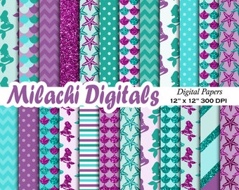 Mermaid digital paper, Princess  scrapbook papers, scales wallpaper, princess background, stripes - M639