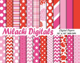 Roze en rood digitale papier, scrapbook papier, behang, digitale scrapbooking, polka stippen, strepen, chevron - M581