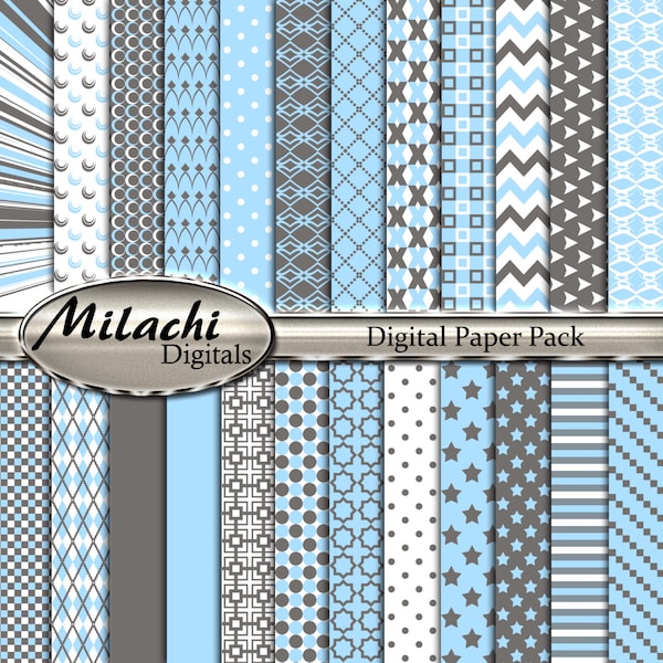 Light Blue and Gray Digital Paper Pack, Scrapbook Papers, Commercial Use - Instant Download - M203