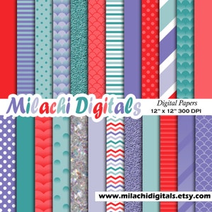 Mermaid digital paper, background, under the sea scrapbook papers, stripes, polka dots, mermaid scales - M333