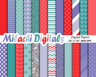 Mermaid digital paper, background, under the sea scrapbook papers, stripes, polka dots, mermaid scales - M333
