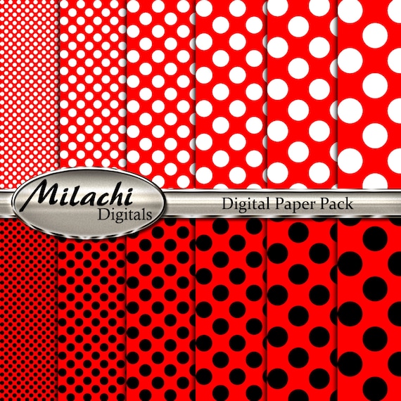 Red White Black Polka Dots Digital Paper Pack Scrapbook Papers Backgrounds Commercial Use Instant Download M245