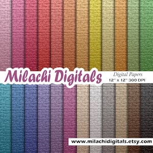 May include: A set of 24 digital papers with a textured, woven look. The papers feature a variety of colors, including red, orange, yellow, green, blue, purple, and brown. The papers are 12 inches by 12 inches and 300 DPI. The text "Milachi Digitals" and "Digital Papers 12" x 12" 300 DPI" is visible on the image. The website address "www.milachidigitals.etsy.com" is also visible.