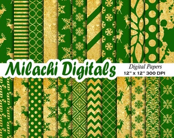 Green and Gold Christmas digital paper, holiday scrapbook papers, snowflake wallpaper,  gold damask background - M616