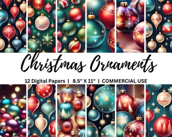 Christmas Ornaments Digital Paper Pack 8.5"x11" Christmas Junk Journal Pages, Holiday Background, Printable Scrapbook Paper