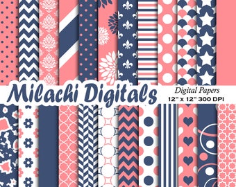 Navy blue and Coral digital paper, damask scrapbook papers, chevron background, wallpaper, commercial use - M547