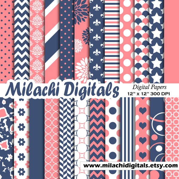 Navy blue and Coral digital paper, damask scrapbook papers, chevron background, wallpaper, commercial use - M547