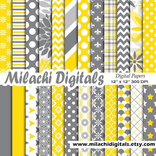 Grey and Yellow digital paper scrapbook papers wallpaper patterns background commercial use - M590