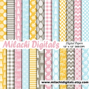 Easter Digital Paper, Easter Bunny Scrapbook Papers, Seamless Backgrounds, Gingham, Floral, Polka Dots, Eggs, Commercial use - M937
