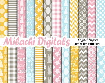 May include: A set of 12 digital papers featuring Easter-themed patterns in yellow, pink, blue, and gray. The patterns include polka dots, stripes, gingham, bunnies, eggs, flowers, and chevron designs. The papers are 12 inches by 12 inches and 300 DPI.