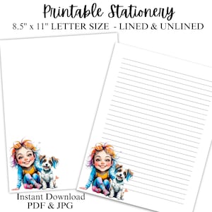Quirky Girl With Puppy Printable Stationery | Lined & Unlined Paper PDF and JPG | Adorable Writing Paper Notepad | Junk Journal Paper