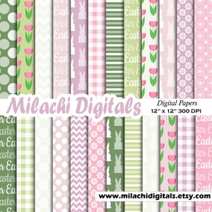 Easter Digital Paper, Easter Bunny Scrapbook Papers, Seamless Backgrounds, Tulips, Gingham, Polka Dots, Commercial use - M926