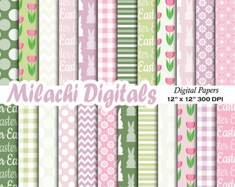 May include: A set of 12 digital papers featuring Easter-themed patterns in pink, green, and purple. The patterns include polka dots, stripes, gingham, bunnies, tulips, and the words "Easter" and "Easter Egg".