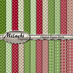 Könnte beinhalten: Ein digitales Papierpaket mit 16 verschiedenen Mustern. Die Muster sind eine Mischung aus Rot, Grün und Weiß. Die Muster umfassen Punkte, Rauten und geometrische Formen. Der Text "Milachi Digitals" und "Digital Paper Pack" befindet sich oben im Bild.